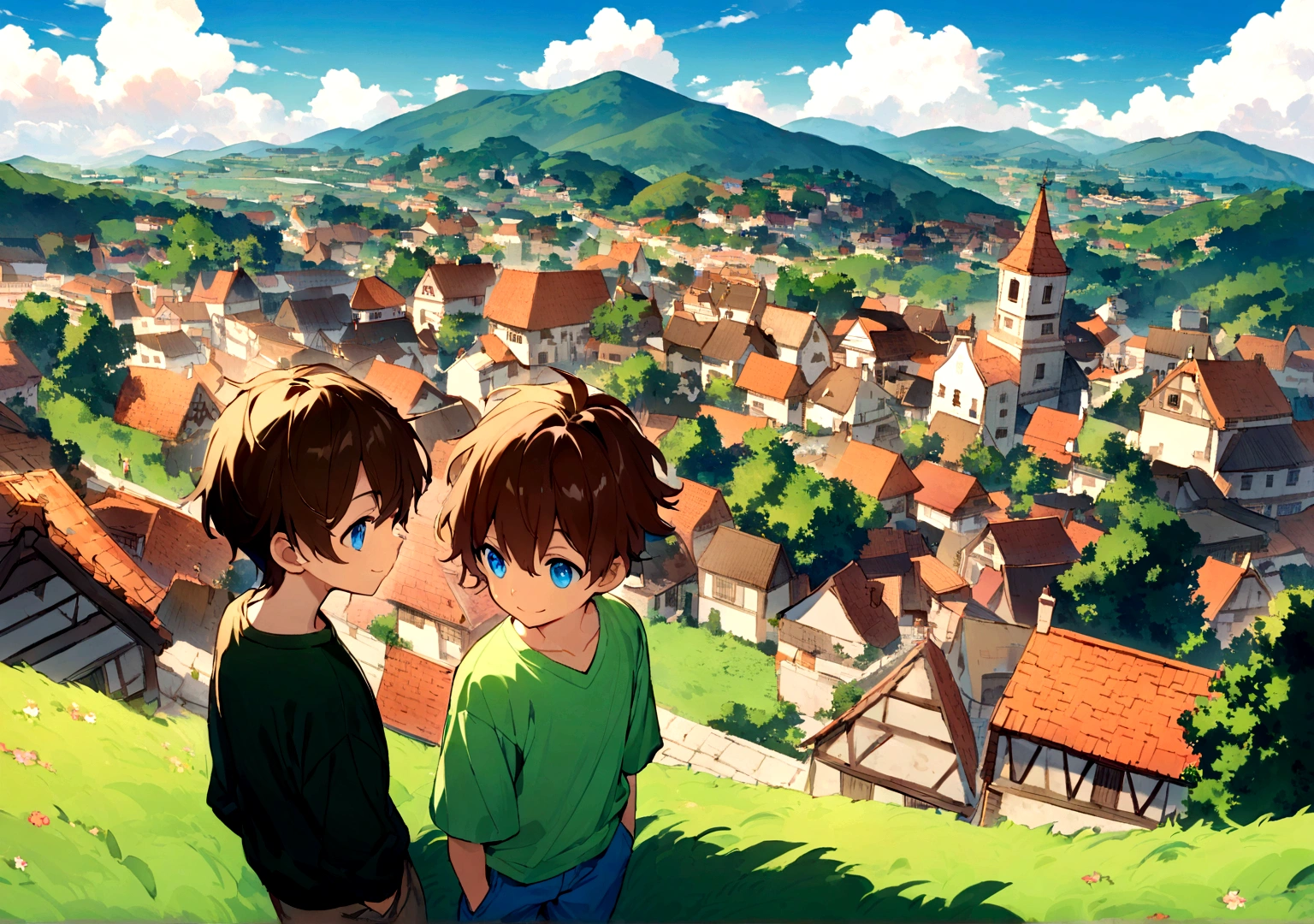 Jack is an eight-year-old boy with tousled brown hair and bright blue eyes. He wears worn-out blue jeans, a bright green t-shirt and sturdy brown sneakers.Jack is standing at a high point overlooking a picturesque village. From this vantage point, he can see rooftops, winding streets, and the peaceful countryside beyond. The village is nestled amidst rolling hills and surrounded by lush greenery. Jack's face shows a mix of awe and curiosity as he takes in the view, his eyes wide with wonder. The sky above is clear and blue, with a few fluffy clouds drifting lazily. Jack's posture is relaxed, with his hands in his pockets and a small smile on his face, enjoying the tranquility and beauty of the scene before him.