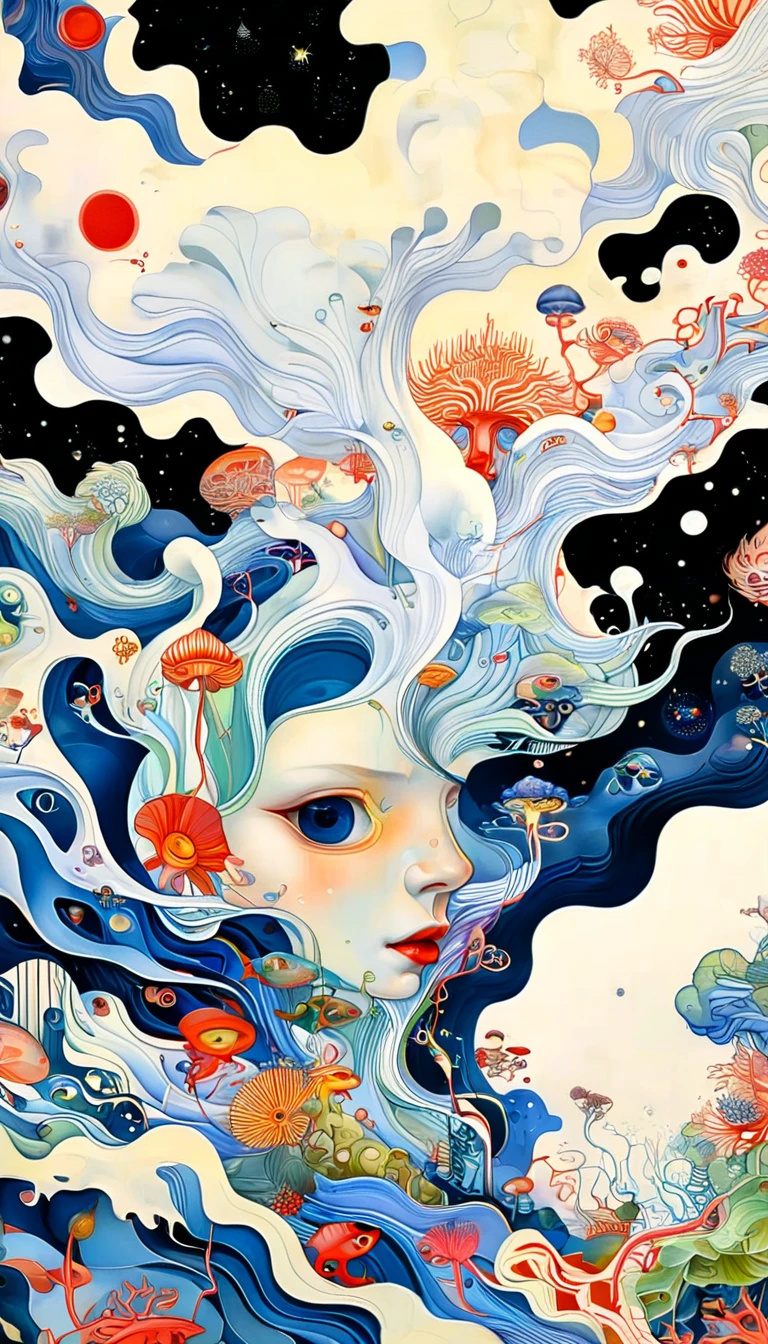 (((James Jean styles：1.5)))，microorganism、plant、Marine life、Exquisite eyes、Starry Sky，Stitching together an abstract painting，Describing the inner world of autistic people，3D spatial sense，White Space，interesting，Innocence，Psychedelic Art，Strong contrast between light and dark