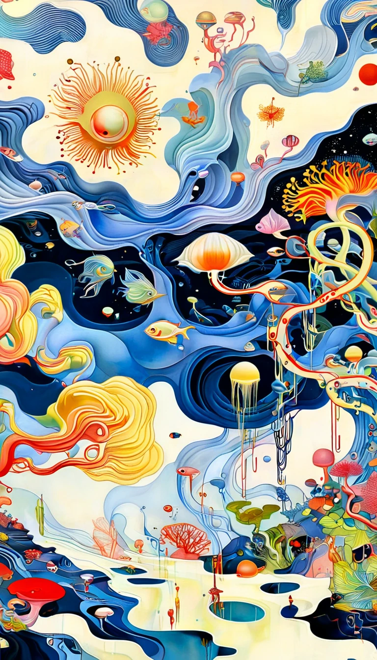 (((James Jean styles：1.5)))，microorganism、plant、Marine life、Exquisite eyes、Starry Sky，Stitching together an abstract painting，Describing the inner world of autistic people，3D spatial sense，White Space，interesting，Innocence，Psychedelic Art，Strong contrast between light and dark