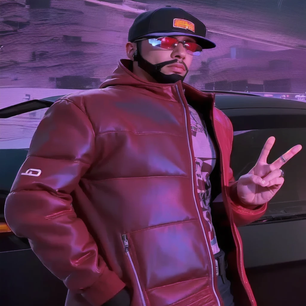 There is a man standing in front of a car with a peace sign, cyberpunk street henchman, bryce style 3 d, gta v artwork style, no hood | | realistic shading, wearing cyberpunk 2 0 7 7 jacket, as the protagonist of gta 5, The cyberpunk way, stylized digital art, clean art style, gta art style, vaporwave de hip hop