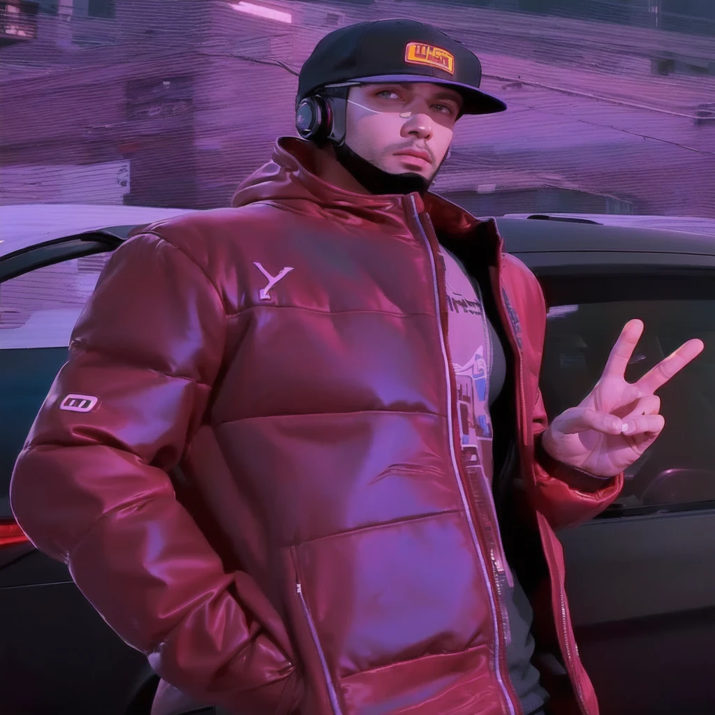 There is a man standing in front of a car with a peace sign, cyberpunk street henchman, bryce style 3 d, gta v artwork style, no hood | | realistic shading, wearing cyberpunk 2 0 7 7 jacket, as the protagonist of gta 5, The cyberpunk way, stylized digital art, clean art style, gta art style, vaporwave de hip hop