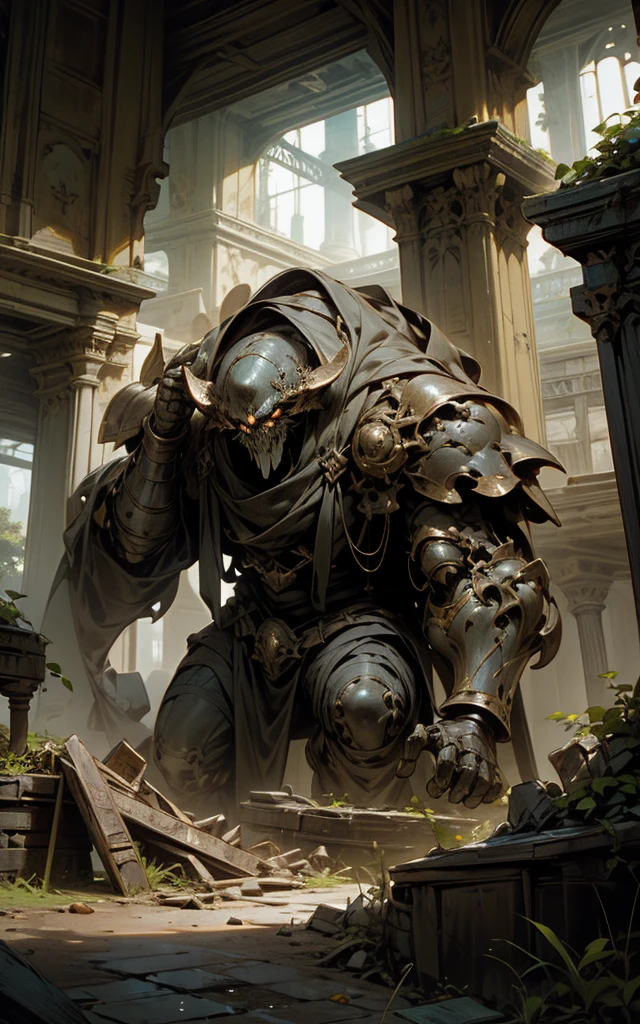 high fantasy aesthetics, highest quality, a dark and moody fantasy illustration of a goliath iron Golem on a palace hidden beneath the rubble of an abandoned city with secret passages and hidden rooms, featuring crumbling ruins and overgrown streets, intricate details, highly detailed, 4k, 8k, earth giant, shining eyes, colorful body, Stromatoporoidea