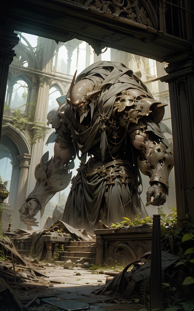high fantasy aesthetics, highest quality, a dark and moody fantasy illustration of a goliath iron Golem on a palace hidden beneath the rubble of an abandoned city with secret passages and hidden rooms, featuring crumbling ruins and overgrown streets, intricate details, highly detailed, 4k, 8k, earth giant, shining eyes, colorful body, Stromatoporoidea
