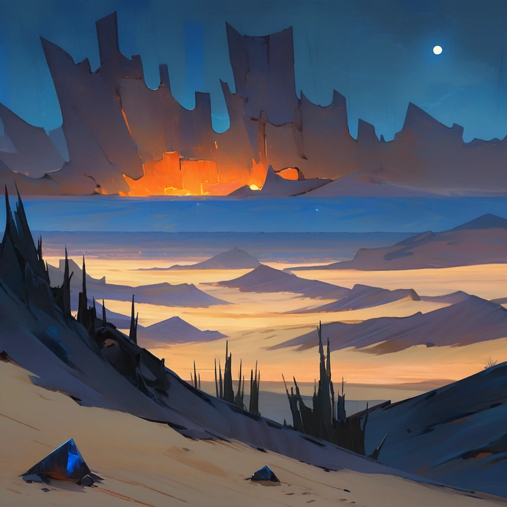 Old West, Desert, horizon, blue Night , from far, Oil paint,(only blue and black color palette), Giant glass shards in sand, spiky glass structures, sand dunes, dune, darkness, Scary, moon, Too dark, dimly lit, pitch, human corpse, dark night, no light, Dark sky, black sky, dark night, deep darkness, Old town lit up on the horizon