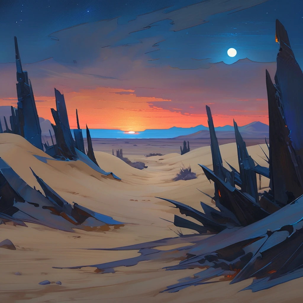 Old West, Desert, horizon, blue Night , from far, Oil paint,(only blue and black color palette), Giant glass shards in sand, spiky glass structures, sand dunes, dune, darkness, Scary, moon, Too dark, dimly lit, pitch, human corpse, dark night, no light, Dark sky, black sky, dark night, deep darkness, Old town lit up on the horizon