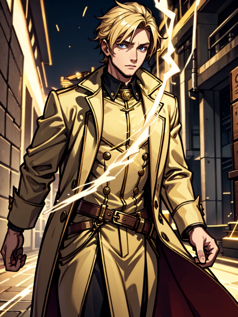 A young man，blond，lightning，Standing，Cool，Gold coat，domineering，HD