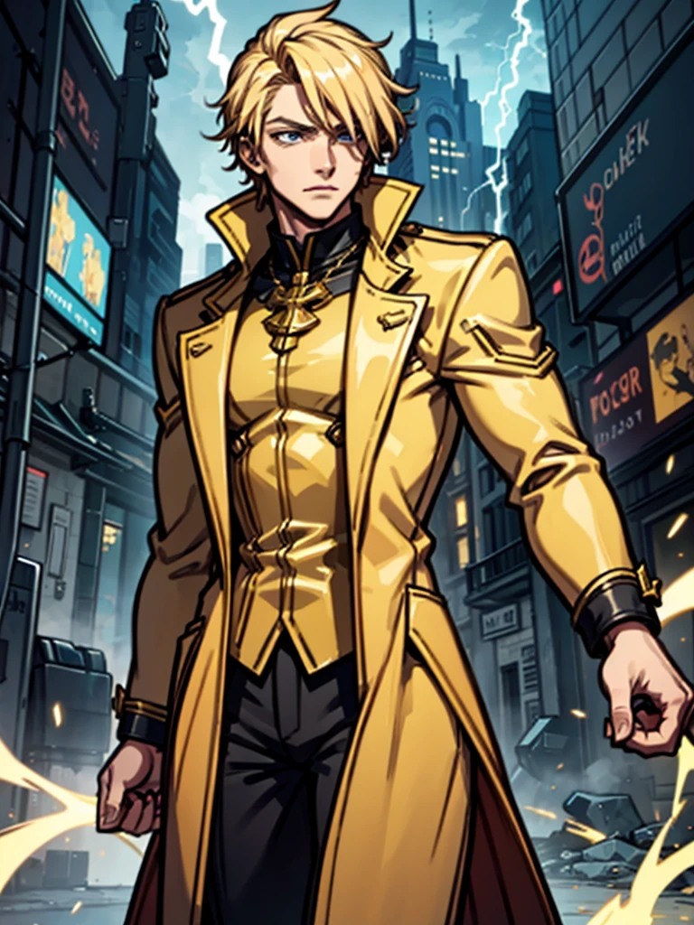 A young man,blond,lightning,Standing,Cool,Gold coat,domineering,HD