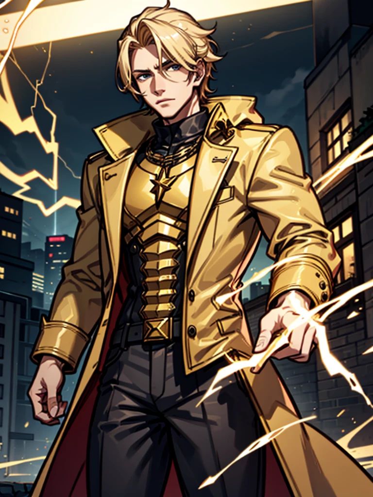 A young man,blond,lightning,Standing,Cool,Gold coat,domineering,HD