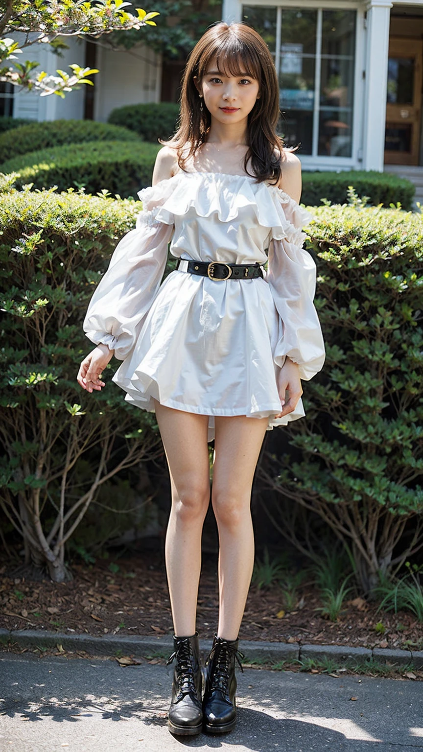 (8K、RAW Photos、Highest quality、masterpiece:1.2)、(Realistic、Realistic)、1 Girl、((Frills、See-through、Off the shoulder、tights、black and white mini skirt、Thin legs、whole body、boots、garden、View from the front、Looking into the camera、belt、Stand with hands on hips))、cute