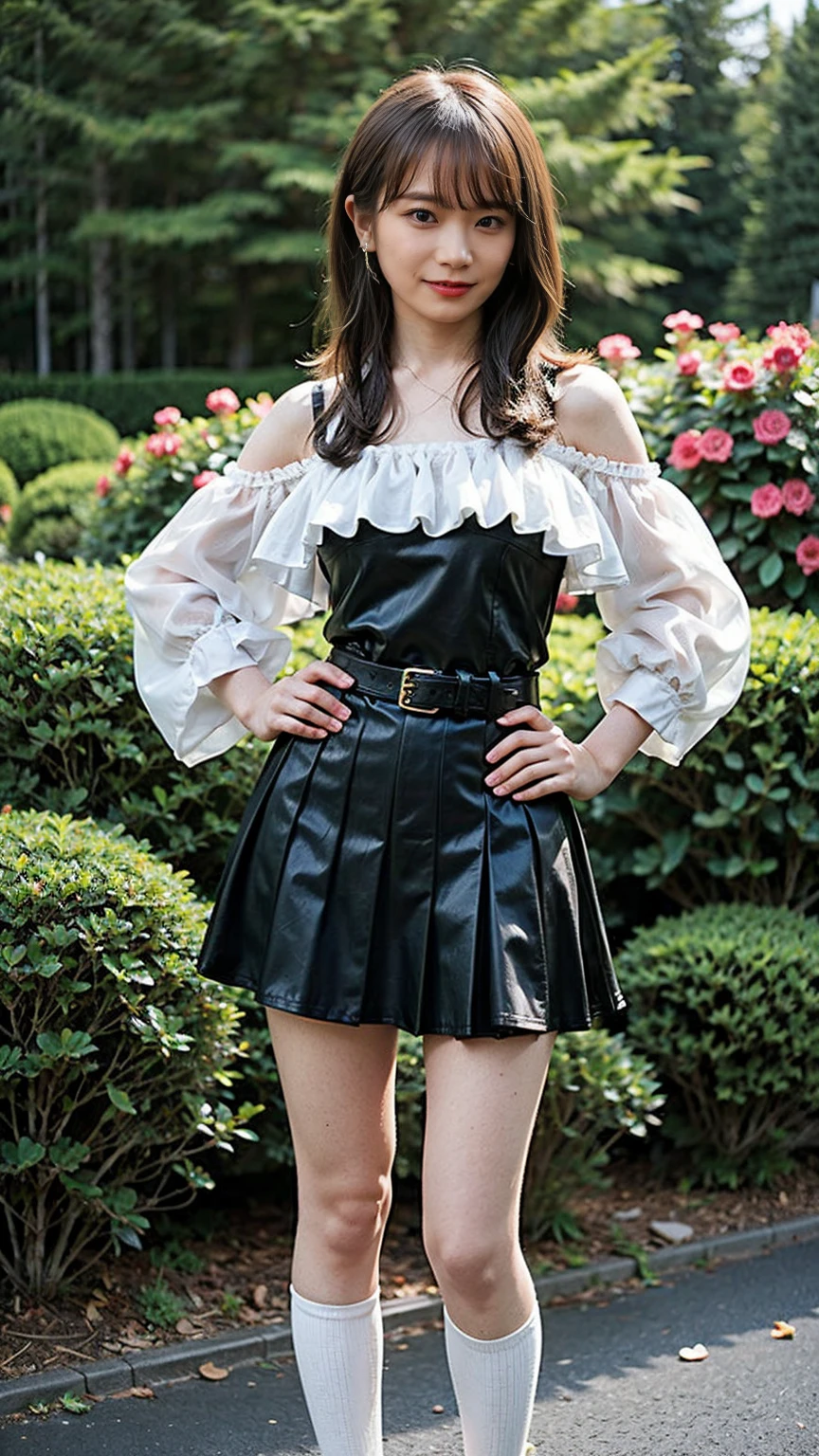 (8K、RAW Photos、Highest quality、masterpiece:1.2)、(Realistic、Realistic)、1 Girl、((Frills、See-through、Off the shoulder、tights、black and white mini skirt、Thin legs、whole body、boots、garden、View from the front、Looking into the camera、belt、Stand with hands on hips))、cute