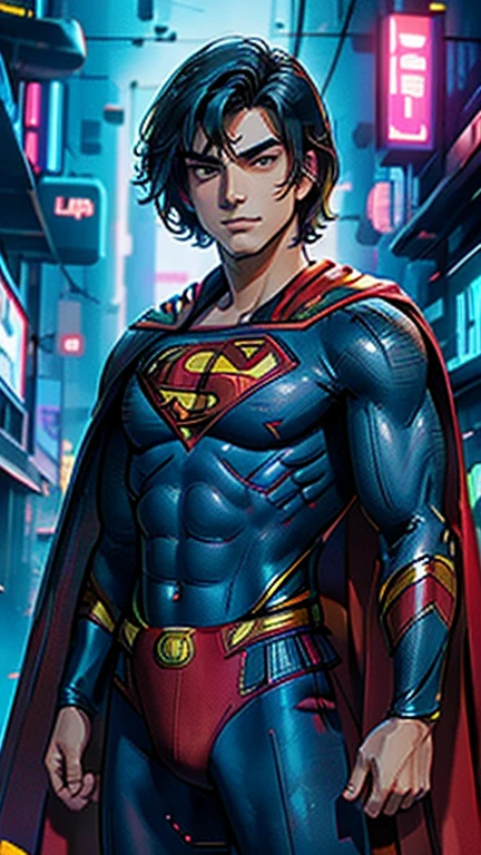 best quality,masterpiece,1boy,solo,(((13years old))),japanese boy,an extremely cute and handsome boy,highly detailed beautiful face and eyes,petit,cute face,lovely face,baby face,shy smile,show teeth, Black hair,Short hair,flat chest,skinny,slender,(((wearing a Superman costume,red cape))),(((standing in Dark Midnight Neon Glow light Cyberpunk metropolis city))),he is looking at the viewer,