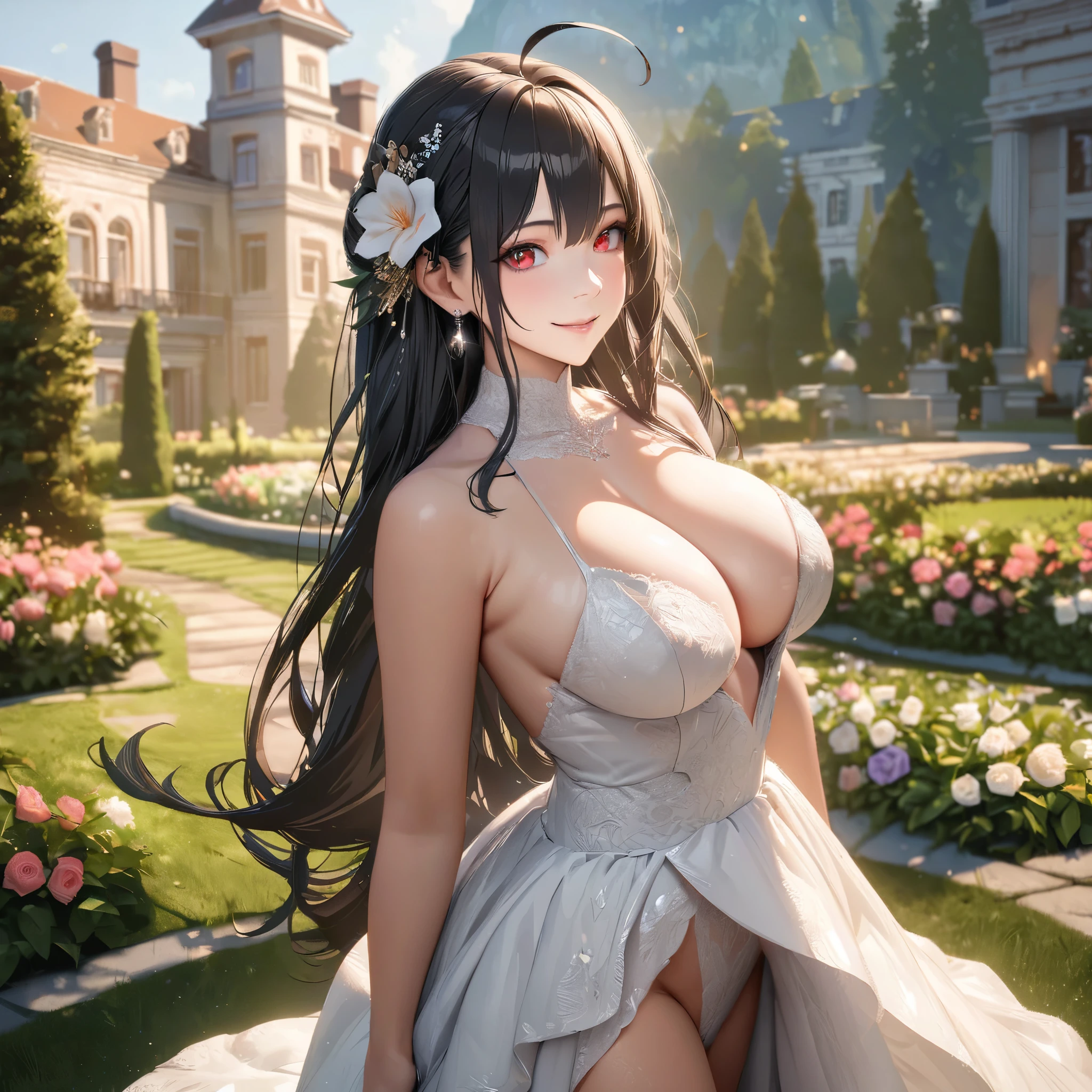 A woman wearing a luxurious white wedding dress, white hair flower, wedding dress, spaghetti strap, sleeveless dress, silver earring, jewelry,
hair ornament, red eyes, smiling, ahoge, big breasts, black hair, long hair, exposed thigh, standing in a luxurious garden, mansion in the background, lawn on site, some trees around, perfect face, perfect eyes, perfect smile, place of day,,UHD , prime work , accurate , anatomically correct , textured skin , super details , high quality , best quality, 8k, high resolution, bokeh effect. (woman alone), realistic