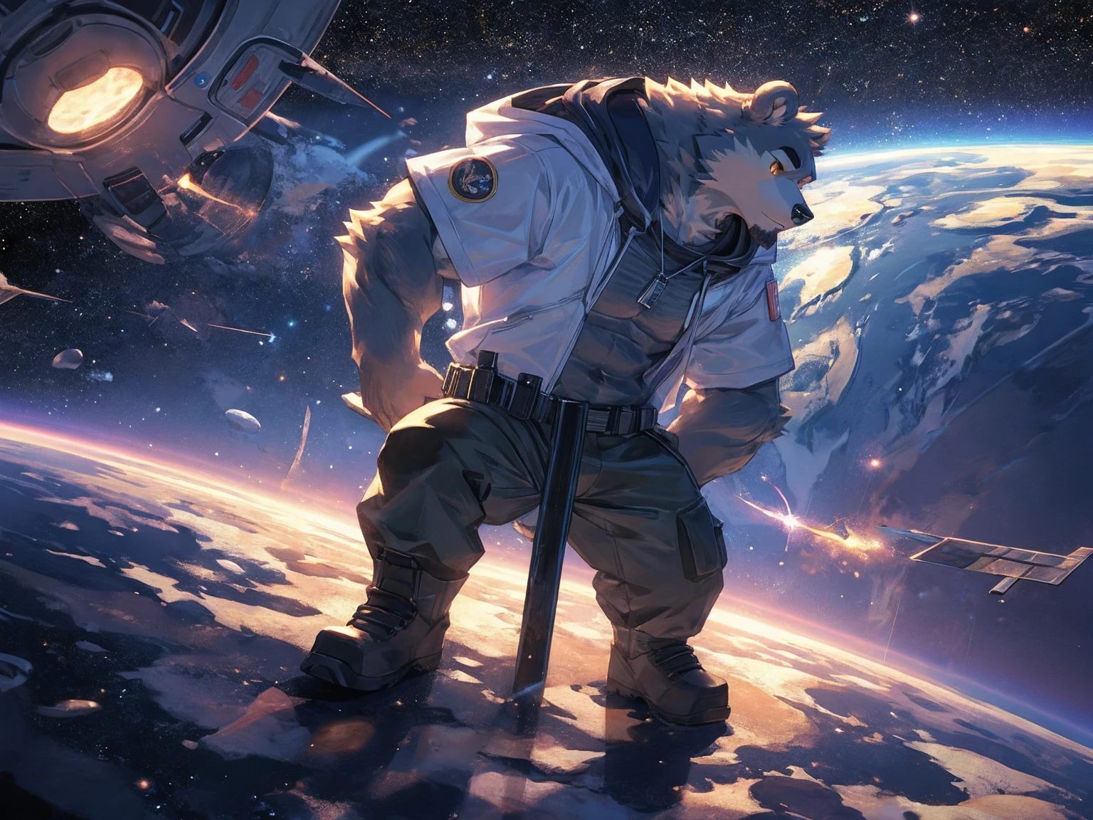 (masterpiece:1.2), best quality,pixiv,official art,perfect anatomy, (Ray tracing, light),solo, (1_male:1.3) , (muscle), (grey fur:1.4), (muscle bear), (beard:1.2), (gleaming golden eyes), bear tail, full body, Thick black eyebrows,(open hooded parka), (naked inside), (cargo pants:1.2), boots , (in the space:1.3) , star , planet , earth , asteroid , (character floating :1.3)