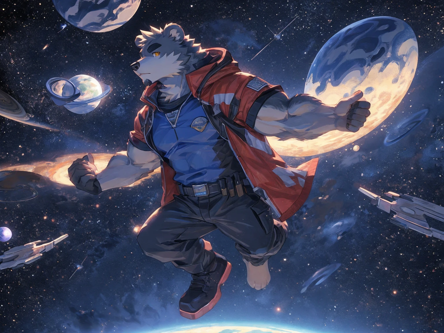 (masterpiece:1.2), best quality,pixiv,official art,perfect anatomy, (Ray tracing, light),solo, (1_male:1.3) , (muscle), (grey fur:1.4), (muscle bear), (beard:1.2), (gleaming golden eyes), bear tail, full body, Thick black eyebrows,(open hooded parka), (naked inside), (cargo pants:1.2), boots , (in the space:1.3) , star , planet , earth , asteroid , (character floating :1.3)