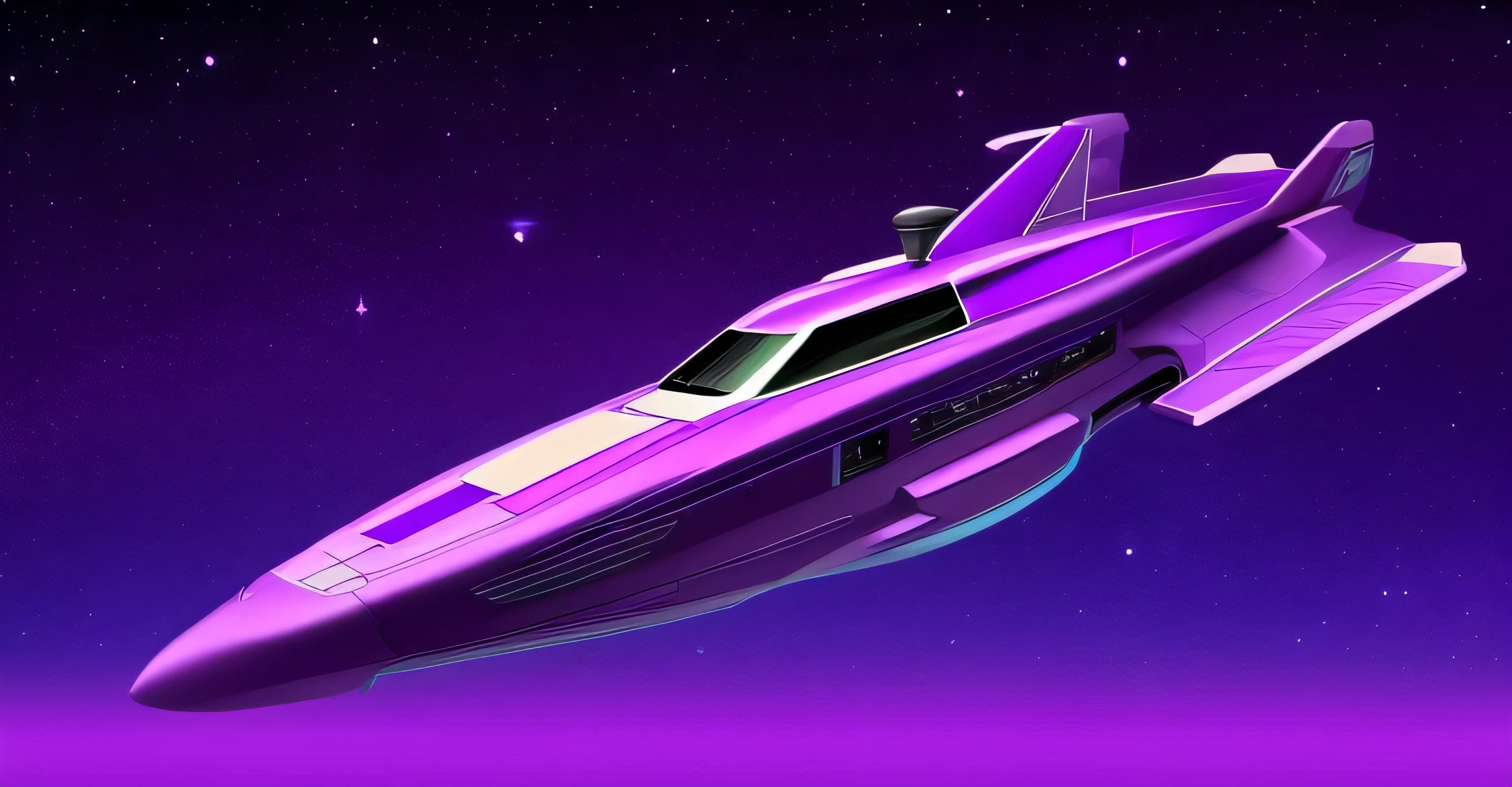 a purple spaceship in the universe, with cartoon features