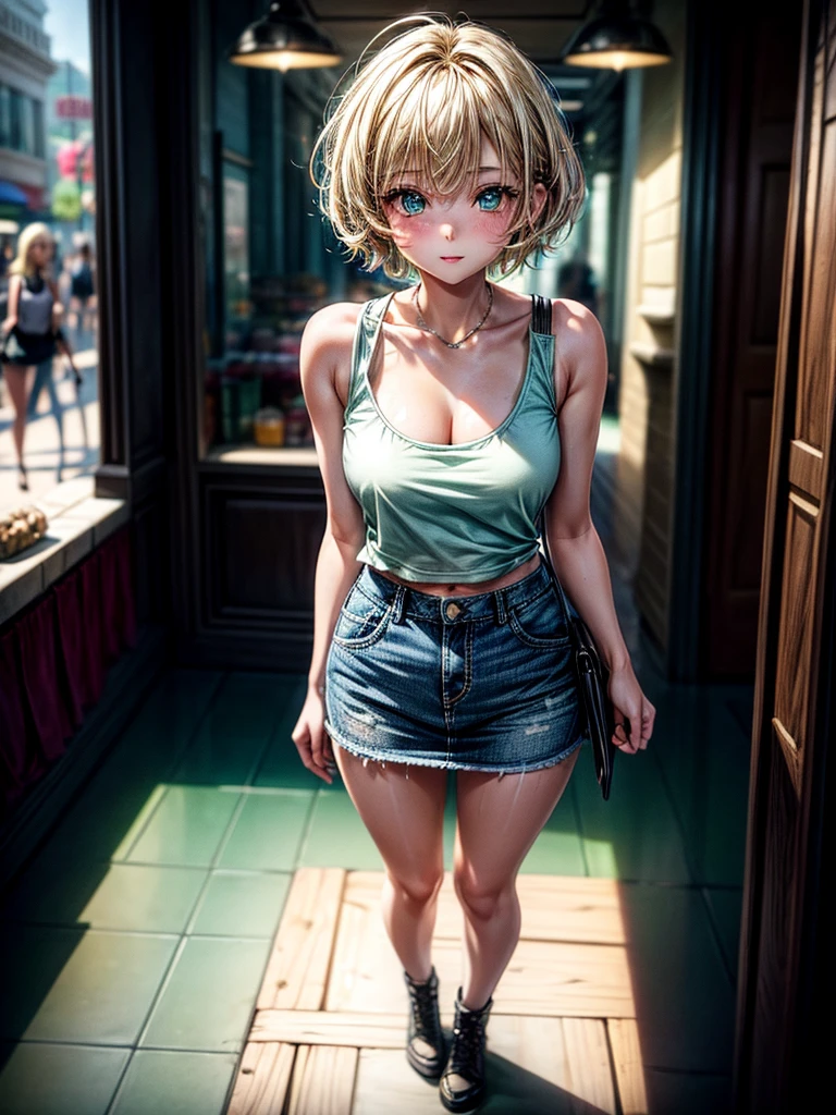 masterpiece, soft light, low depth of field, 8k, cute, 18-year old girl, 1girl, from above, short blonde hair, slim body, green pupils, glossy lips, shiny skin, happy, tank top, denim skirt, purse, mall, rossdraws pastel vibrant,