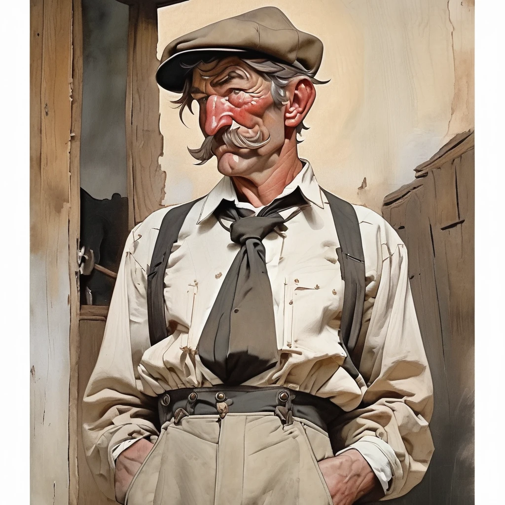 1man,Old West, Oil paint, black and white, light brown hair with some streaks of gray by genetics, strong Body, white dress shirt with, black suspender, faded black pants patched, Beret, thin big mustache, cheek spot, Arrogant, adult, Young 