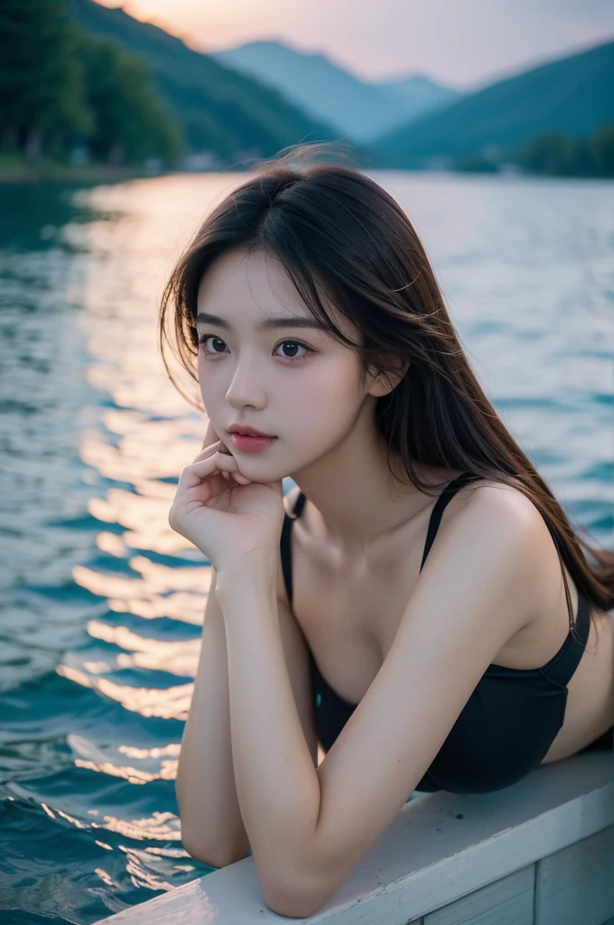 (high quality:1.2, 8K, Cinema Lighting, Amazing details, 20-year-old girl, 1 Girl, lake, swimming in the lake, Gazing at the sky, Don't look at the camera, lounging on the lake, rain, raindrops, nature)