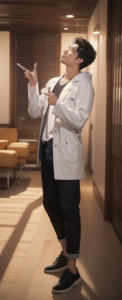 (photorealistic:1.2), (high detail face:1.3), (high detail hands:1.3), (anatomically correct hands:1.2), handsome young asian man, Japanese idol style, short clean-cut hair, ((center part)), white lab coat, black hoodie underneath, calm confident expression, (holding a product in right hand:1.3), (pointing with left index finger:1.3), explaining pose, plain white background, mid-shot portrait, high quality, detailed, 8K, (realistic skin texture:1.2), (sharp focus:1.1)