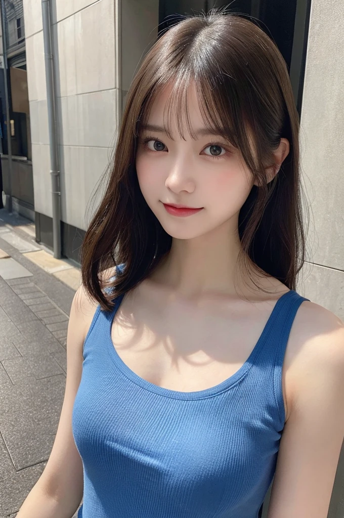 (8k, RAW photo, top quality, masterpiece: 1.2), (realistic, photorealistic: 1.37), three-dimensional, ultra detail, ultra high resolution, one girl, beholder, beautiful detailed face, smile, constriction, (slim waist): 1.3), beautiful detailed skin, skin texture, floating hair, professional lighting, Japanese beautiful girl, medium hair, beautiful hair, 20 years old, attractive breasts, full body from toes to head, standing, Shift gaze away, gaze into the distance, Sibuya city, blue camisole, tank-top