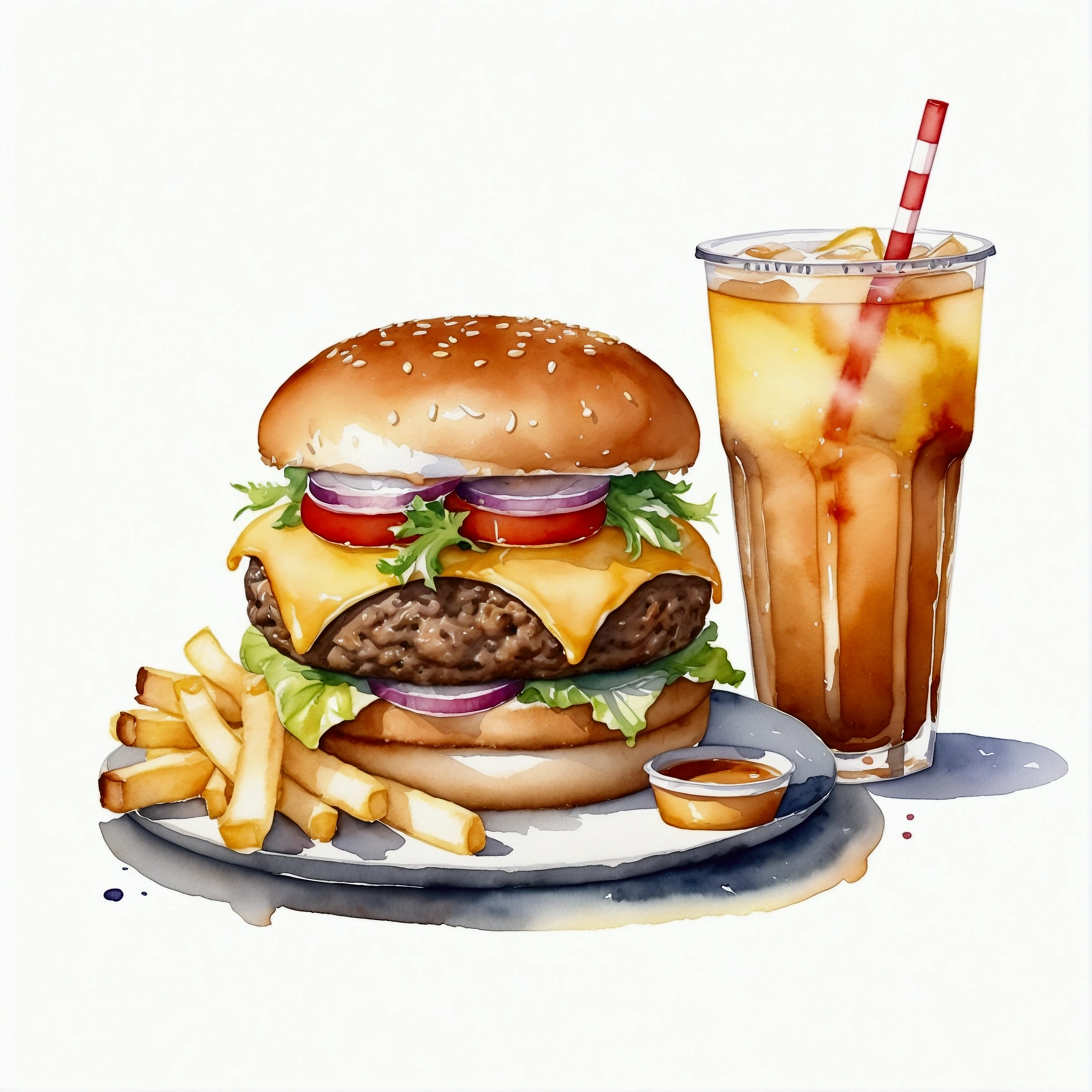 there is big and tall delicious hamburger with cheese, a lot of french fries, and a glass of ice lemon tea, (watercolor), illustration, isolated with solid white background, surrounded with negative space, centered compositon, 8k, highly detailed painting,