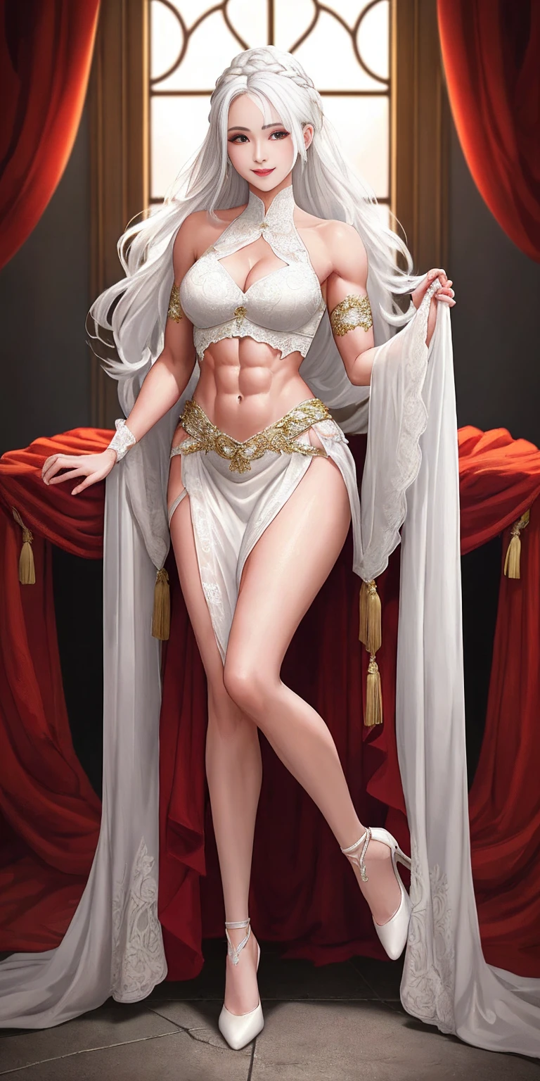 (masterpiece, best quality), intricate details, 1girl, Bridesmaid Muscular full body woman White hair White braid Motherly body smile Porcelain skin Red heels with feet together Long hair Hands on waist Navel Strong abs Direct look Perfect lighting Masterpiece High quality