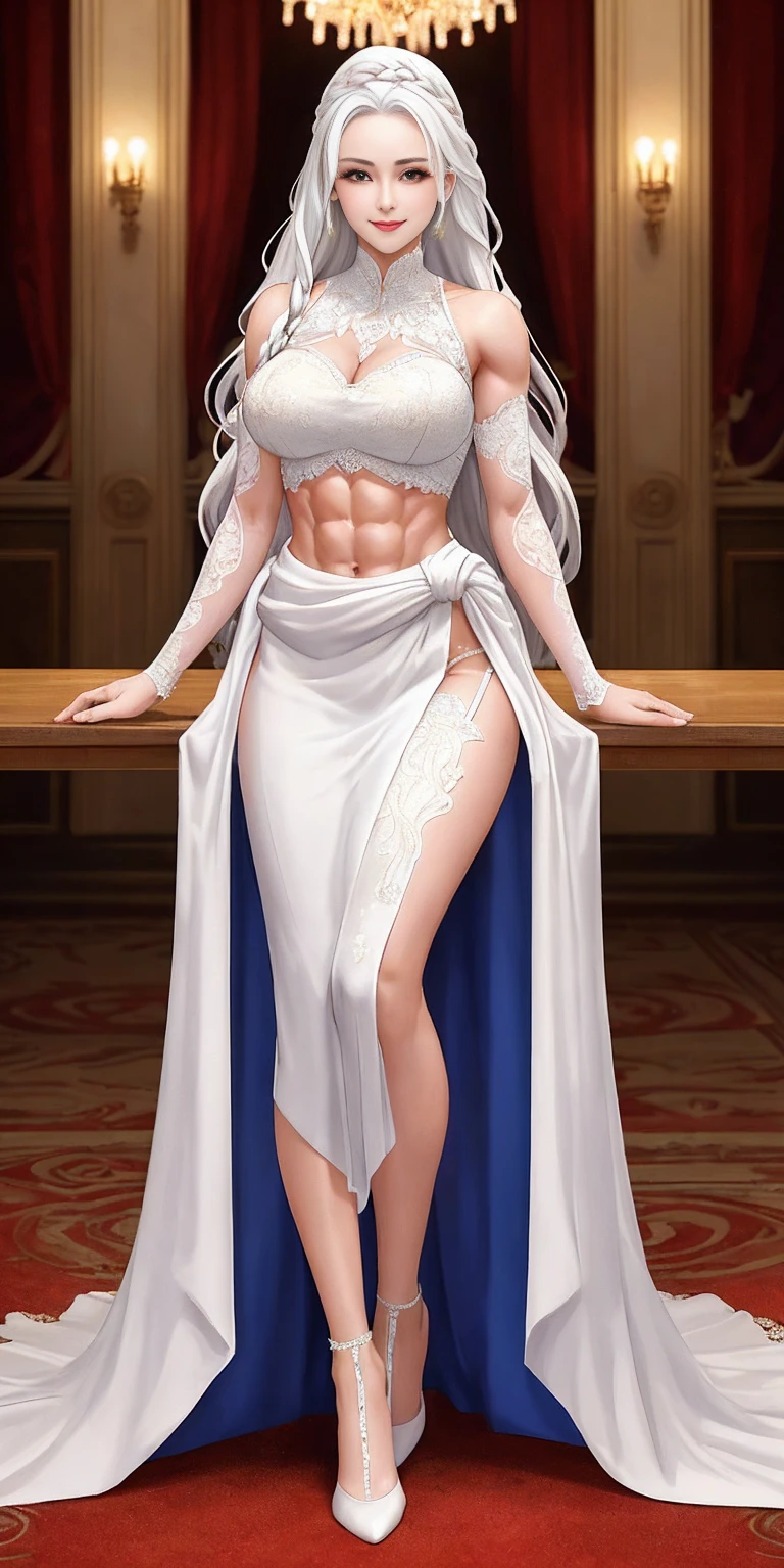 (masterpiece, best quality), intricate details, 1girl, Bridesmaid Muscular full body woman White hair White braid Motherly body smile Porcelain skin Red heels with feet together Long hair Hands on waist Navel Strong abs Direct look Perfect lighting Masterpiece High quality