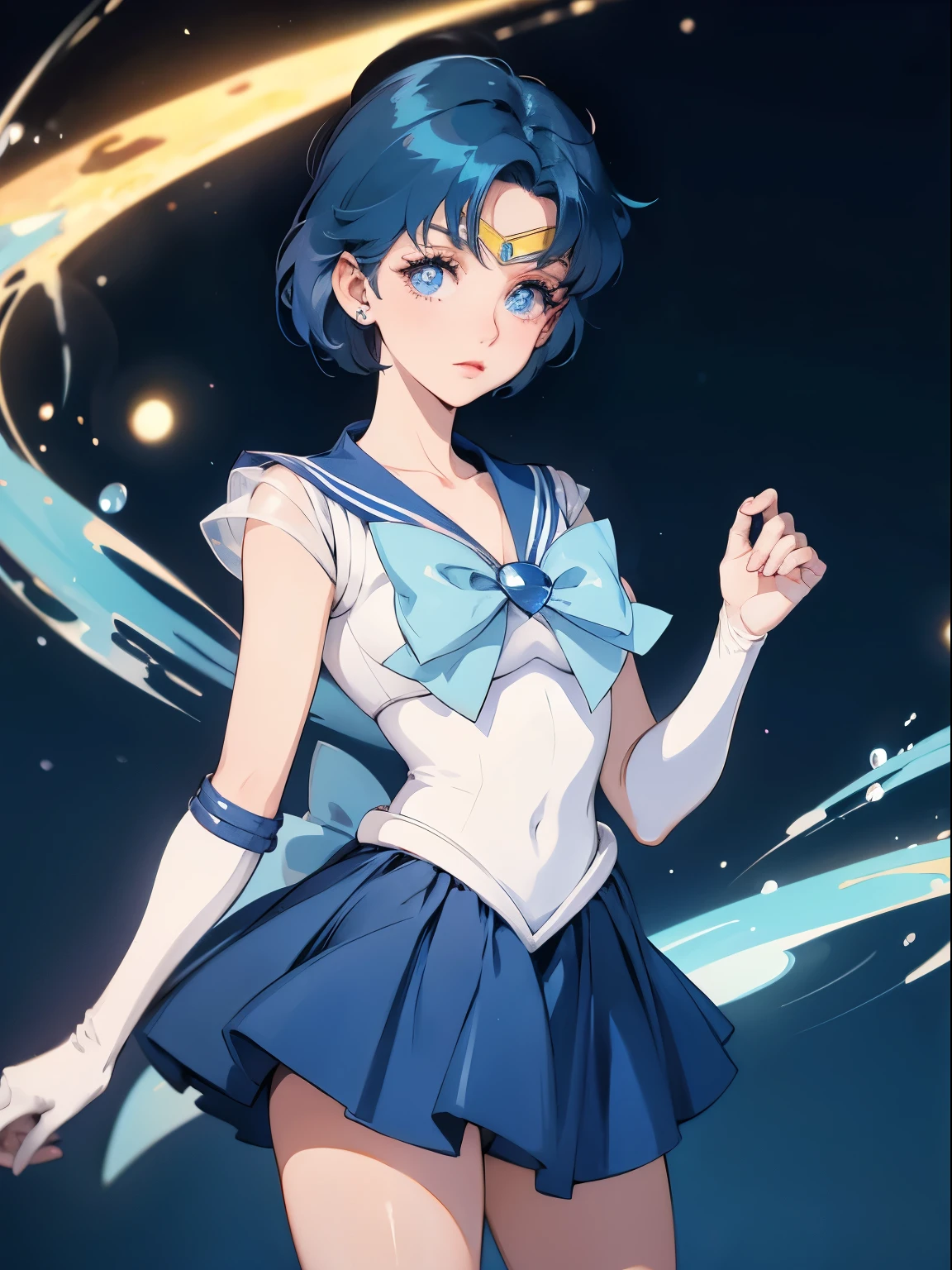 sailor mercury, 1 girl, blue hair, short hair, blue eyes, detailed eyes, simple background, female focus, alone, Standing, Ami Mizuno, portrait, full body, (Masterpiece:1.0), (best quality:1.0) , (wallpaper 8k:1.0), (detailed beautiful face:1.0), (detailed deep eyes), deep eyes, looking at viewer, sailor scout, sky blue bow on chest, blue skirt, white gloves,