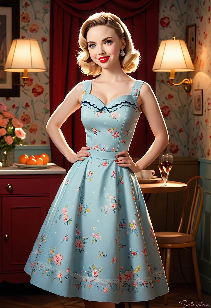  50s house wife. full length. featuring warm lighting and shadows. should be of the highest quality, a masterpiece with intricate details. Hands on hips. cute 50s house wife dress. Red high heels.

 She should have luscious lips, a wide smile, and bright, expressive eyes, exuding beauty, cuteness, and adorableness. Ensure the image is high resolution and sharply detailed, with a detailed and vibrant background. Scarlett Johanson, Alison Brie, Dove Cameron

Incorporate mystical lighting in the background, creating a romantic and enchanting atmosphere.
