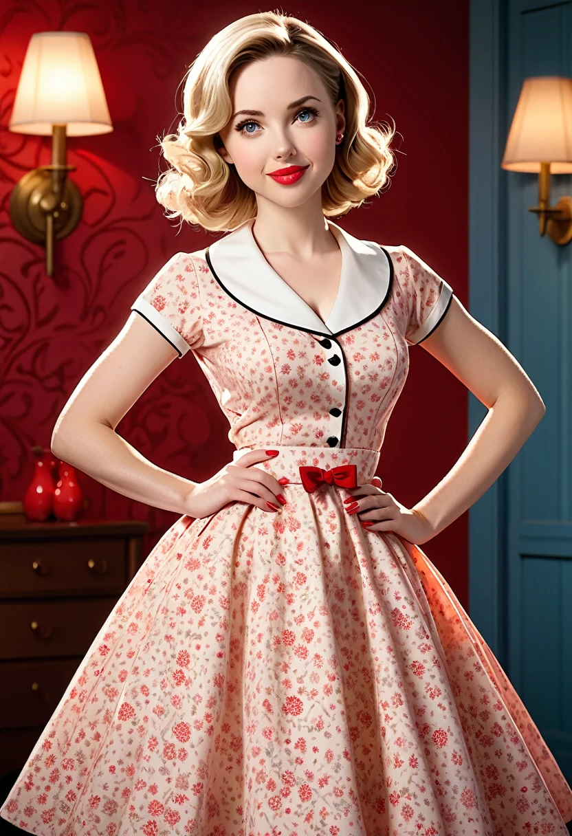  50s house wife. full length. featuring warm lighting and shadows. should be of the highest quality, a masterpiece with intricate details. Hands on hips. cute 50s house wife dress. Red high heels.

 She should have luscious lips, a wide smile, and bright, expressive eyes, exuding beauty, cuteness, and adorableness. Ensure the image is high resolution and sharply detailed, with a detailed and vibrant background. Scarlett Johanson, Alison Brie, Dove Cameron

Incorporate mystical lighting in the background, creating a romantic and enchanting atmosphere.
