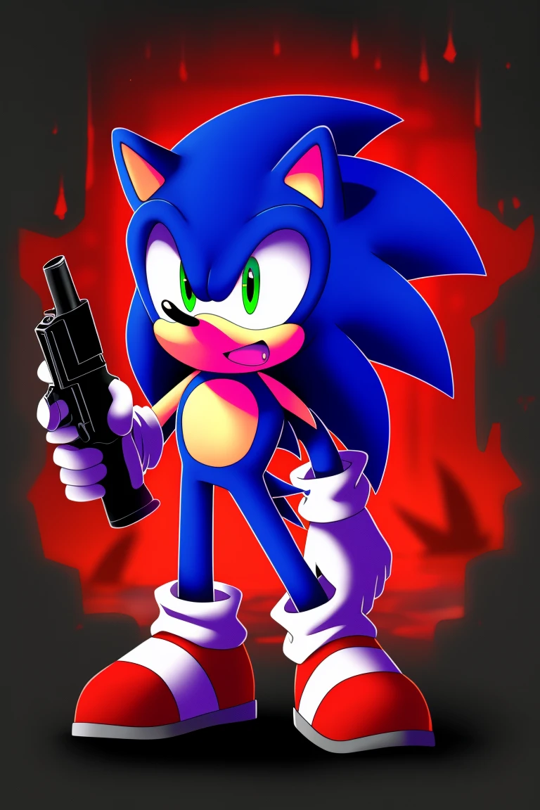Sonic the hedgehog, corruption, Dying state, impatient, holding a gun in one hand.