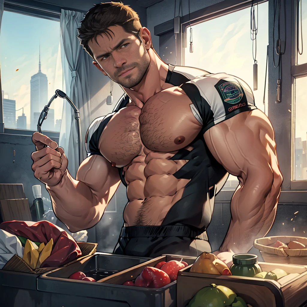 Nsfw,1 man, solo, 40 years old, Chris Redfield,totally naked showing nipples and a hard cock, looking at the camera,spread legs, (soft smirk), tall and hunk, biceps, abs, best quality, masterpiece, high resolution:1.2, upper body shot, background curtains