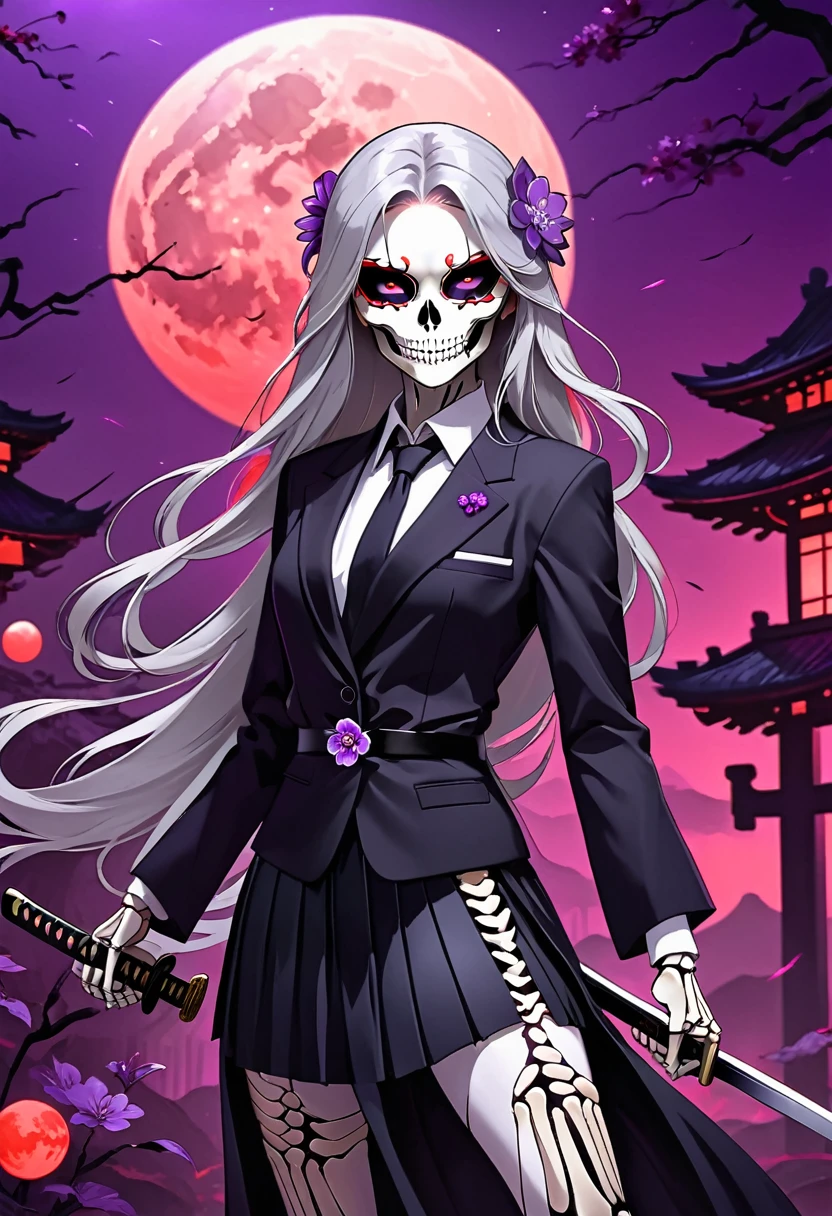 Flat style,Japanese anime style,1 beautiful girl,Silver long hair,White flower eye mask on eyes,Black pleated skirt suit,Katana in hand,Elegant dynamic pose,Dynamic Blur,Red Moon,Dark purple tones,Mysterious and elegant atmosphere,(((Purple fluorescent python snake skeleton background)))
