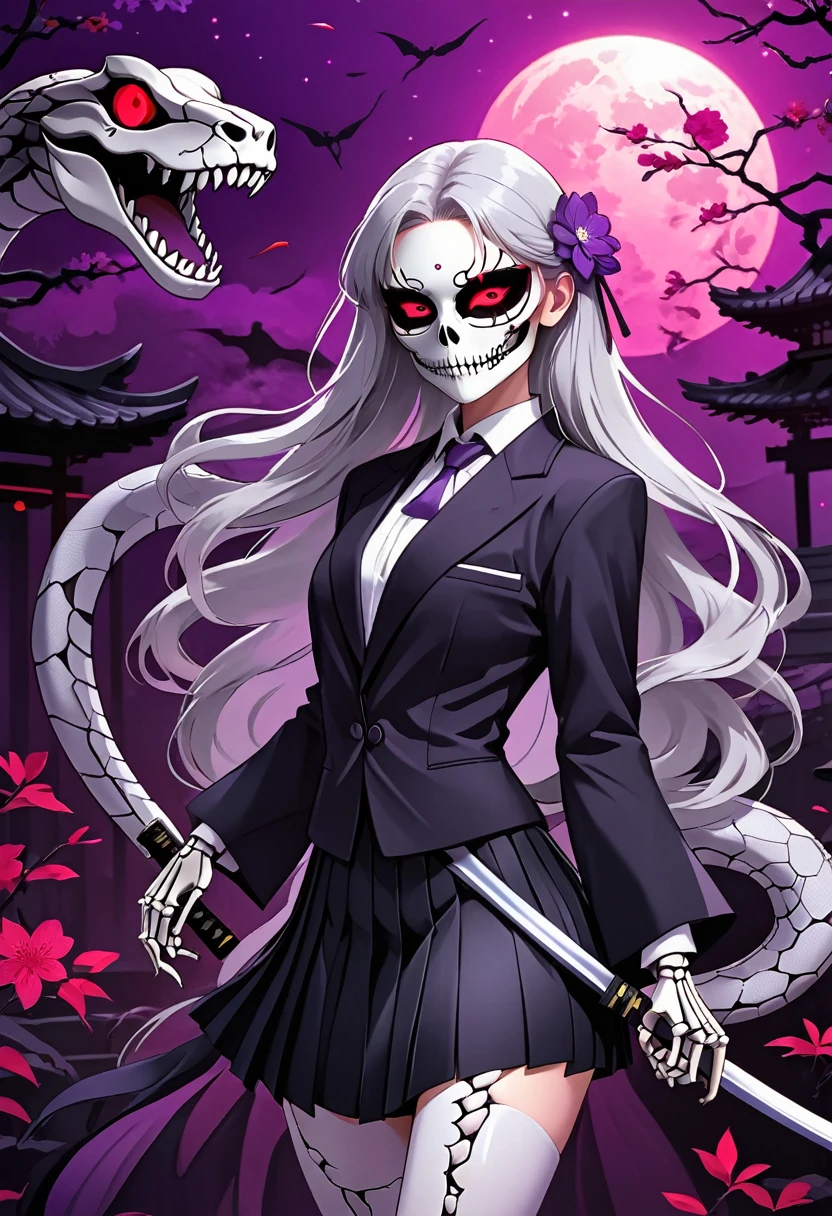 Flat style，Japanese anime style，1 beautiful girl，Silver long hair，White flower eye mask on eyes，Black pleated skirt suit，Katana in hand，Elegant dynamic pose，Dynamic Blur，Red Moon，Dark purple tones，Mysterious and elegant atmosphere，(((Purple fluorescent python snake skeleton background)))