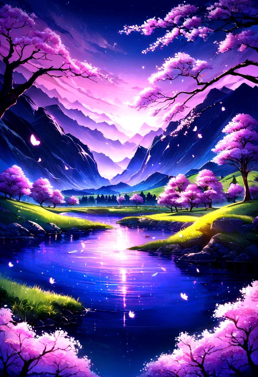 (High detail: 1.2), Beautiful Nature, river, Floating cherry blossoms, Vibrant colors, Beautiful Landscape, wood, Mountain in the background, haze, Aquamarine and deep purple sky, Spirit Blossom \(theme\), Complex, elegant, Fantasy, Super detailed, Landscape painting, Highest quality, 8K Ultra HD.Cherry tree in full bloom、Beautiful night view