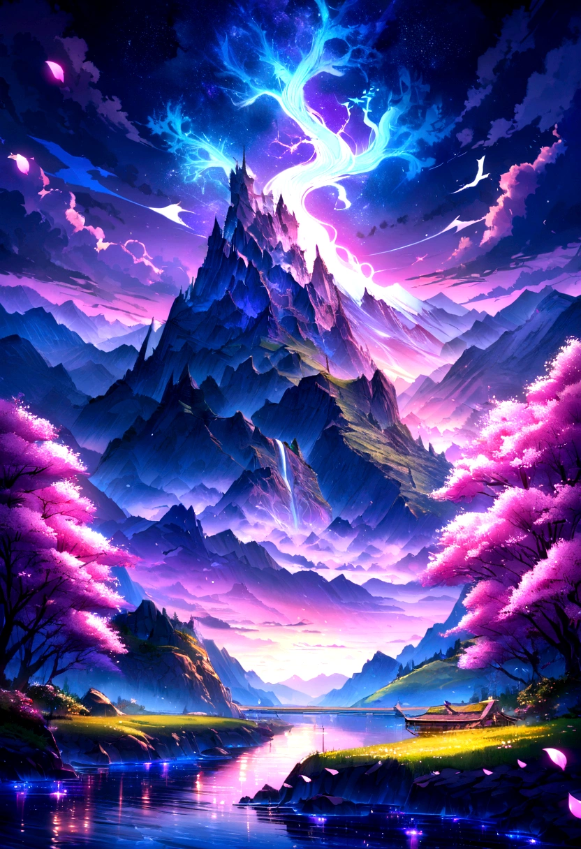 (High detail: 1.2), Beautiful Nature, river, Floating cherry blossoms, Vibrant colors, Beautiful Landscape, wood, Mountain in the background, haze, Aquamarine and deep purple sky, Spirit Blossom \(theme\), Complex, elegant, Fantasy, Super detailed, Landscape painting, Highest quality, 8K Ultra HD.Cherry tree in full bloom、Beautiful night view