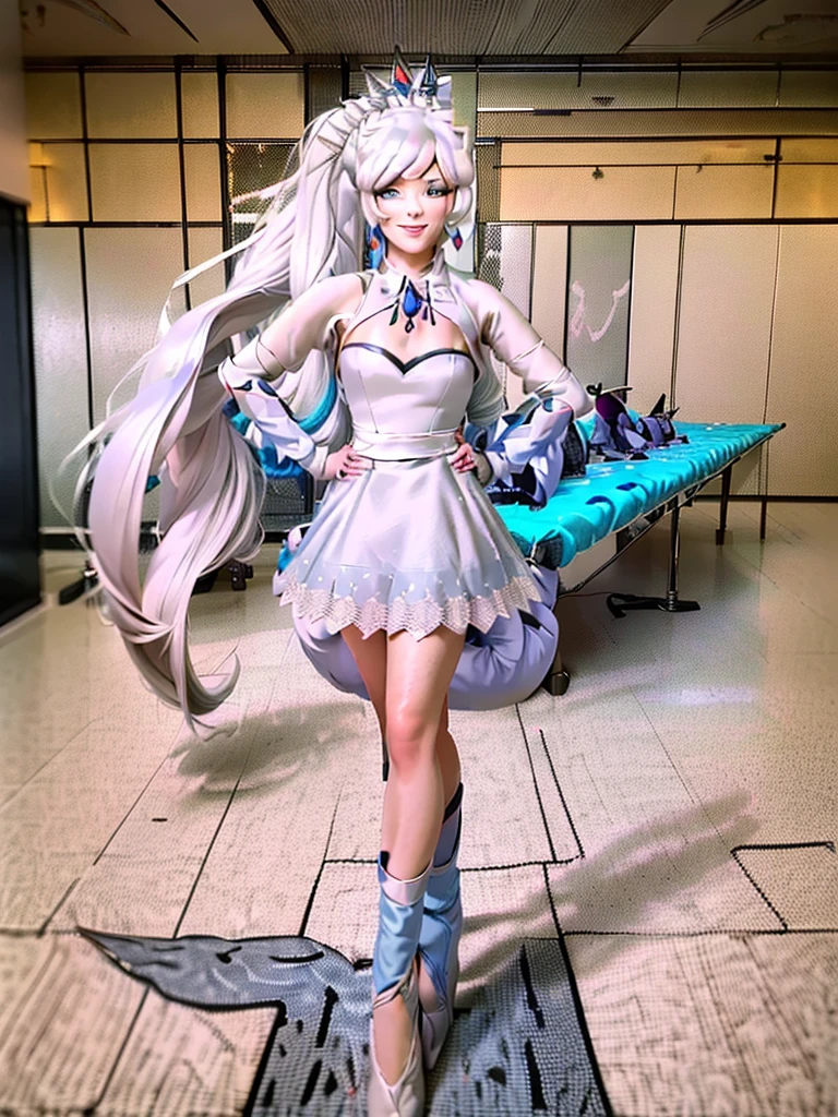 great quality ++ Extremely detailed high resolutionolution, very aesthetic, expressive eyes, (((Perfect face))), (((face symmetrical))), ((good anatomy)), (((perfect hands))), (((8k))), UHD, hd wallpaper, (((detailed high cal, (((((1girl)))))), only, Masterpiece, The best quality, high resolution, Highly detailed, (illustration), Beautiful detailed eyes, ((((full body))), (((solo))), (((((Weiss Schnee))))), (((cosplay of Koyanskaya))), (((smiling))), (((fusion))), (((agglutination))), (((Combination))), (((((Whitehair))))), (((blue eyes))), (((ponytail))), (((white dress))), (((jewelry))), (((necklace))), (((earrings))), only, jaeces, earrings, long hair, parody, (((scar))), (((scar ocular))), (((hair ornament))), (((office background))), (((hand on hip))), (((strolling))), Side ponytail, scar en la cara, Upper part of the body, (((fox tail))), (((fox ears))), (((tiara))), (((jewelry))), (((earrings))), (((neckline trimming))),
