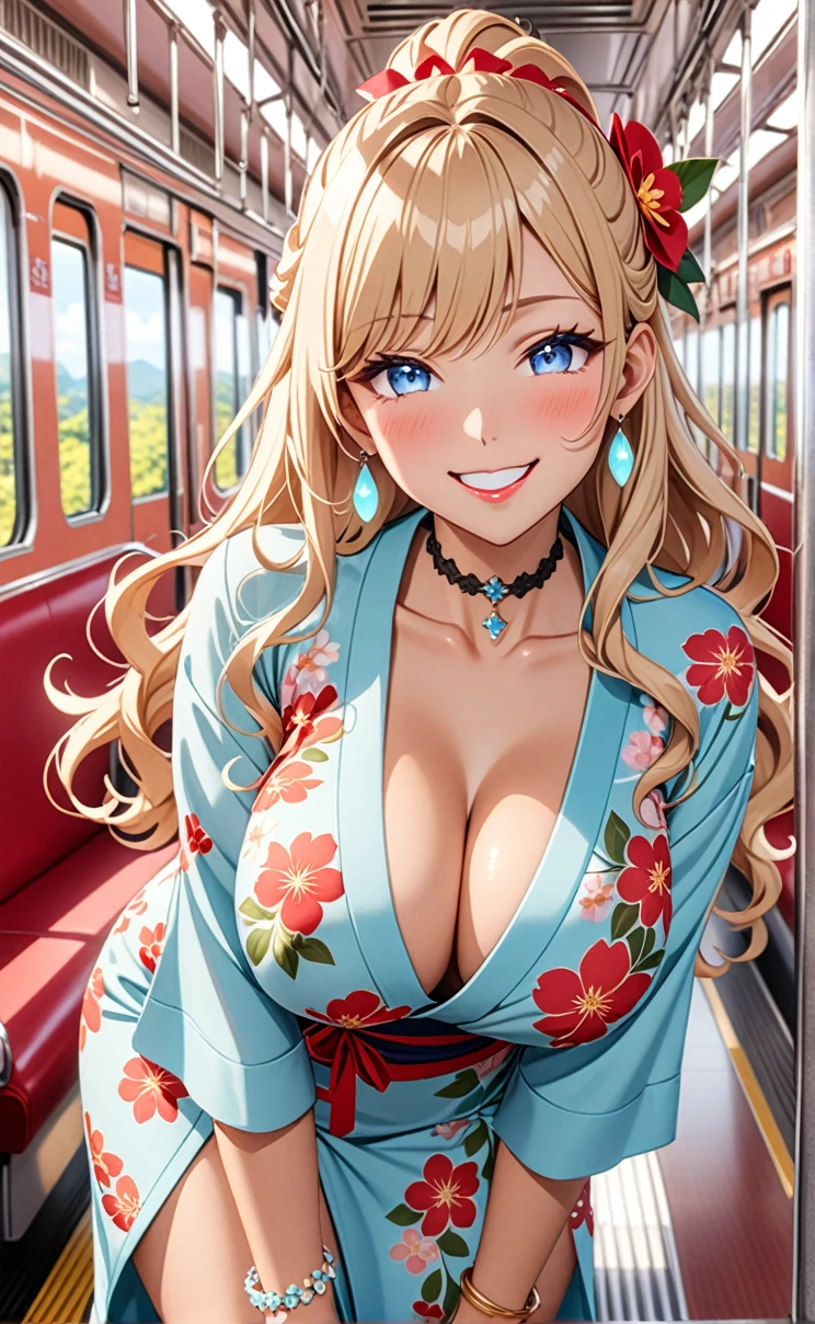 ultra-detailed, ((one girl)), (tan skin:1.4)), in pastel colors gyaru, (Cobalt blue eyes),hyper detailed, absurdres, 8K, Beautiful Face, (Laugh shyly), ((teasing smile:1.8)), ((Wink:1.5)), (Laugh with your mouth wide open),((Tilt your head:1.6)), View your viewers, ((Bright red cheeks:1.6)),Glossy Red Lips, ((Big Breasts:1.5)), ((show off breast)), noon, on the train, (Hold on to the strap), (Brighten your face), ((Anime style background)),masterpiece, Highest quality, so beautiful,Latest, Complex details, (Pink long nails), (nail art), (ring),(bracelet), (Floral Choker),AI-generated, Complex,High resolution, Highest quality, super high quality,3D Images、3D Images,One person, (Blonde long hair), (High Ponytail), (wavy hair:1.3), Pastel anime woman posing for a photo, ((Fine grain、blue eyes、glowing eyes:1.4)), (Squint your eyes:1.1),a hyperRealistic , hyperRealistic , Realistic,Long blonde anime woman, Smooth anime CG art, A girl in a gorgeous pastel-colored kimono, ((Pastel colored long sleeve kimono)),(Pink large floral pattern), ((undressing:1.4)), Long flower hair ornament,Floral Earrings,Mature Body, tall,Tight waist,((leaning forward:1.5)), ((front view)),((Zoom up to face:1.3)),