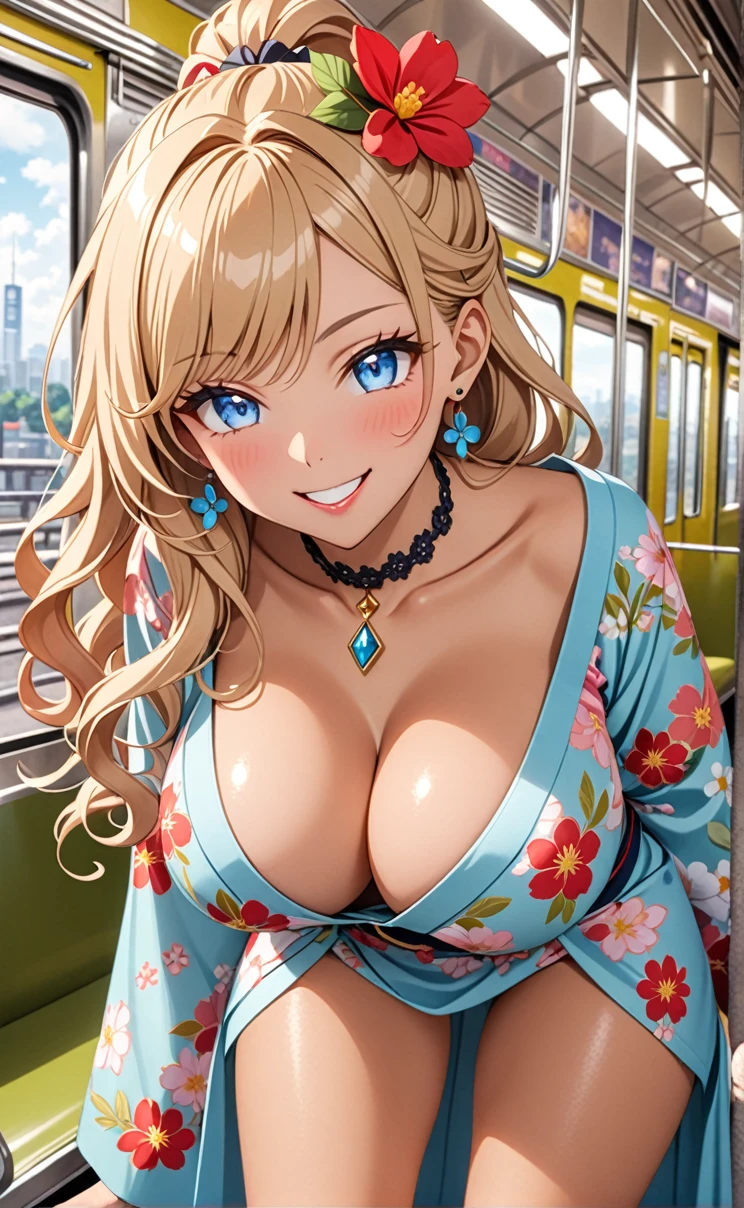 ultra-detailed, ((one girl)), (tan skin:1.4)), in pastel colors gyaru, (Cobalt blue eyes),hyper detailed, absurdres, 8K, Beautiful Face, (Laugh shyly), ((teasing smile:1.8)), ((Wink:1.5)), (Laugh with your mouth wide open),((Tilt your head:1.6)), View your viewers, ((Bright red cheeks:1.6)),Glossy Red Lips, ((Big Breasts:1.5)), ((show off breast)), noon, on the train, (Hold on to the strap), (Brighten your face), ((Anime style background)),masterpiece, Highest quality, so beautiful,Latest, Complex details, (Pink long nails), (nail art), (ring),(bracelet), (Floral Choker),AI-generated, Complex,High resolution, Highest quality, super high quality,3D Images、3D Images,One person, (Blonde long hair), (High Ponytail), (wavy hair:1.3), Pastel anime woman posing for a photo, ((Fine grain、blue eyes、glowing eyes:1.4)), (Squint your eyes:1.1),a hyperRealistic , hyperRealistic , Realistic,Long blonde anime woman, Smooth anime CG art, A girl in a gorgeous pastel-colored kimono, ((Pastel colored long sleeve kimono)),(Pink large floral pattern), ((undressing:1.4)), Long flower hair ornament,Floral Earrings,Mature Body, tall,Tight waist,((leaning forward:1.5)), ((front view)),((Zoom up to face:1.3)),