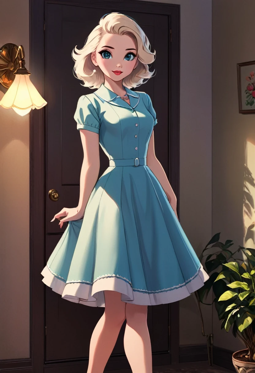50s house wife. full length. featuring warm lighting and shadows. should be of the highest quality, a masterpiece with intricate details. Hands on hips. cute 50s house wife dress. Red high heels. She should have luscious lips, a wide smile, and bright, expressive eyes, exuding beauty, cuteness, and adorableness. Ensure the image is high resolution and sharply detailed, with a detailed and vibrant background. Scarlett Johanson, Alison Brie, Dove Cameron Incorporate mystical lighting in the background, creating a romantic and enchanting atmosphere.