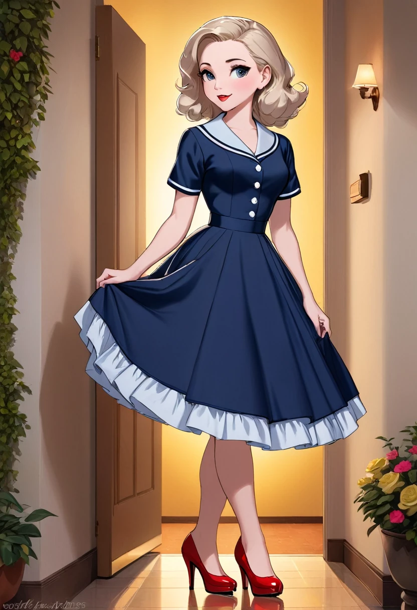 50s house wife. full length. featuring warm lighting and shadows. should be of the highest quality, a masterpiece with intricate details. Hands on hips. cute 50s house wife dress. Red high heels. She should have luscious lips, a wide smile, and bright, expressive eyes, exuding beauty, cuteness, and adorableness. Ensure the image is high resolution and sharply detailed, with a detailed and vibrant background. Scarlett Johanson, Alison Brie, Dove Cameron Incorporate mystical lighting in the background, creating a romantic and enchanting atmosphere.