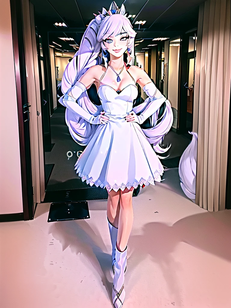 great quality ++ Extremely detailed high resolutionolution, very aesthetic, expressive eyes, (((Perfect face))), (((face symmetrical))), ((good anatomy)), (((perfect hands))), (((8k))), UHD, hd wallpaper, (((detailed high cal, (((((1girl)))))), only, Masterpiece, The best quality, high resolution, Highly detailed, (illustration), Beautiful detailed eyes, ((((full body))), (((solo))), (((((Weiss Schnee))))), (((cosplay of Koyanskaya))), (((smiling))), (((fusion))), (((agglutination))), (((Combination))), (((((Whitehair))))), (((blue eyes))), (((ponytail))), (((white dress))), (((jewelry))), (((necklace))), (((earrings))), only, jaeces, earrings, long hair, parody, (((scar))), (((scar ocular))), (((hair ornament))), (((office background))), (((hand on hip))), (((strolling))), Side ponytail, scar en la cara, Upper part of the body, (((fox tail))), (((fox ears))), (((tiara))), (((jewelry))), (((earrings))), (((neckline trimming))),