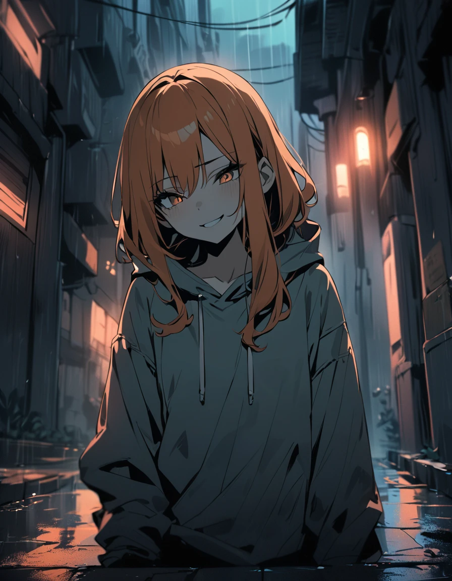 a beautiful detailed anime girl orange hair with a sadistic smile, wearing a hoodie, holding a cigarette in a rainy alley, subdued color tones, Low POV, 4k, masterpiece, cinematic lighting, moody atmosphere