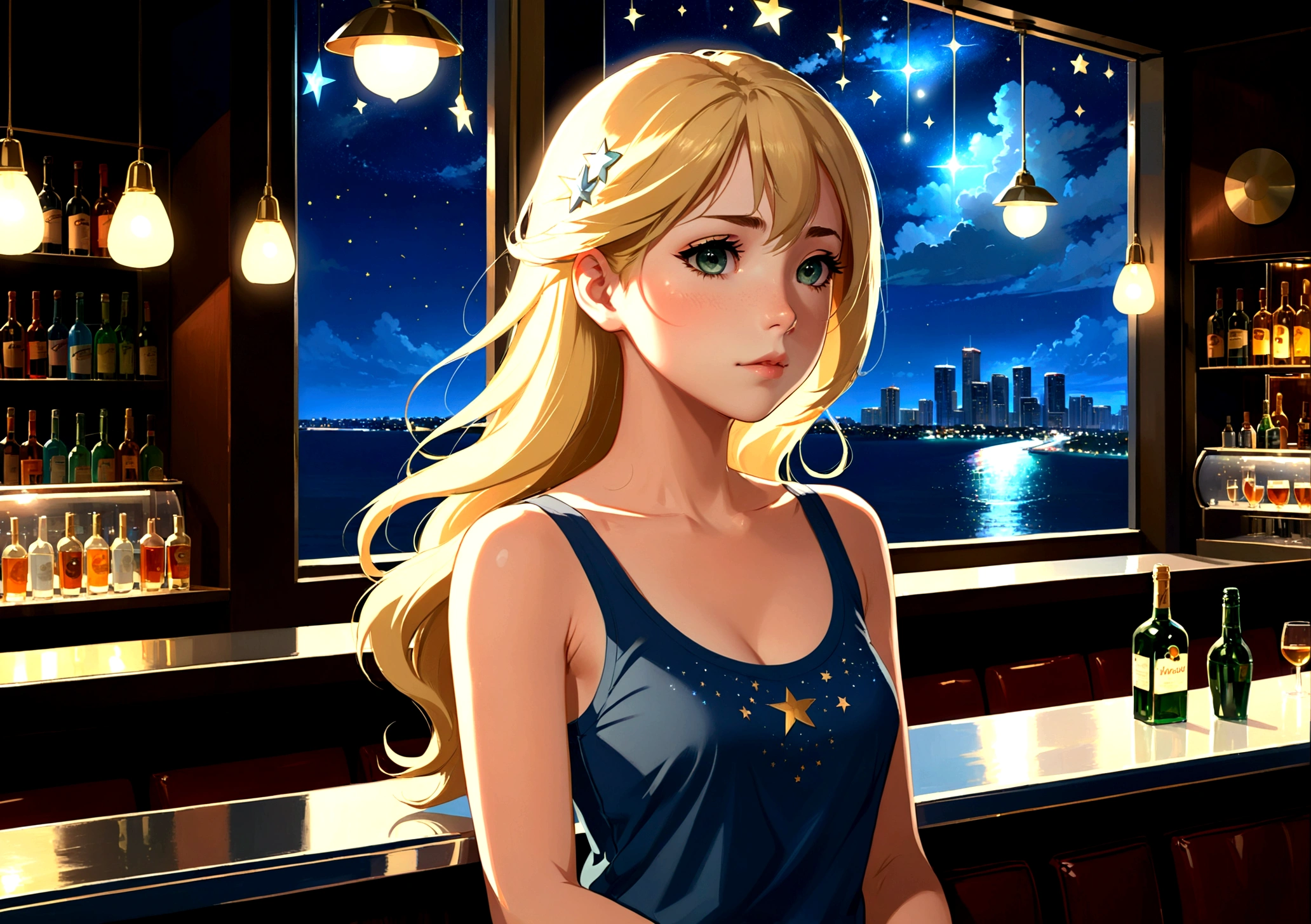 Uses Makoto Shinkai's depiction perfectly,Portrait of Halie Loren,8k 4k masterpiece photo ,Miami,A jazz bar with a glass ceiling,The twinkling stars can be seen through the glass windows.,It's a dark night outside,Jazz is playing,Beautiful in profile,Long Hair,Age 35,Blonde,Staring blankly into space,Standing alone at the counter,Tight-fitting tank top,Bust is small