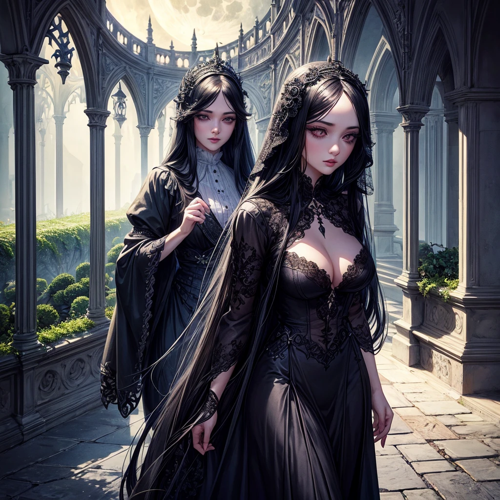 1 girl, long black hair, beautiful detailed eyes, beautiful detailed lips, extremely detailed face, long eyelashes, walking in a castle garden, full moon night, gothic architecture, overgrown vines, moonlight, dramatic lighting, cinematic, highly detailed, intricate, photorealistic, 8k, best quality, masterpiece