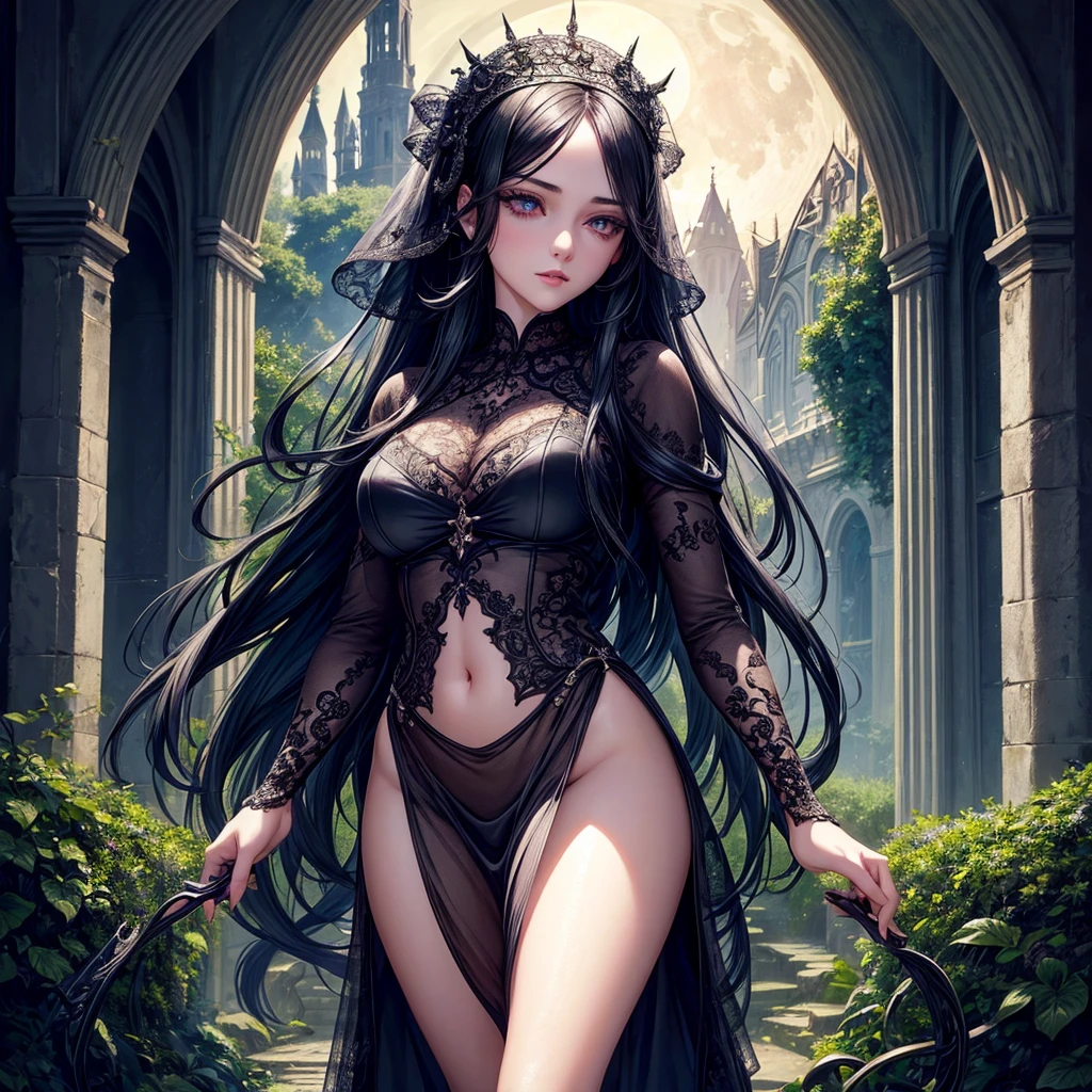 1 girl, long black hair, beautiful detailed eyes, beautiful detailed lips, extremely detailed face, long eyelashes, walking in a castle garden, full moon night, gothic architecture, overgrown vines, moonlight, dramatic lighting, cinematic, highly detailed, intricate, photorealistic, 8k, best quality, masterpiece
