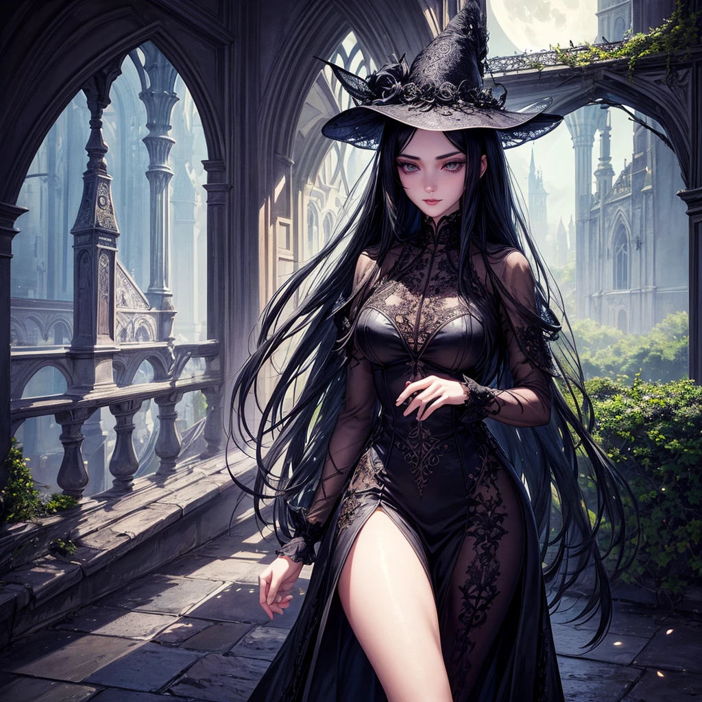 1 girl, long black hair, beautiful detailed eyes, beautiful detailed lips, extremely detailed face, long eyelashes, walking in a castle garden, full moon night, gothic architecture, overgrown vines, moonlight, dramatic lighting, cinematic, highly detailed, intricate, photorealistic, 8k, best quality, masterpiece