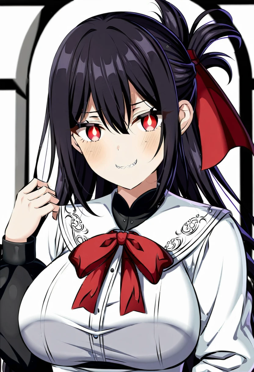 score_9, score_8_up, score_7_up, 1girl, (by horosuke:1.1), (by z282g:1.1), (absurdres, official art, masterpiece), (best aesthetic, best quality, ultra detailed, intricate details), anime-style, [[semi-realistic]], best anatomy:1.3, (new, newest, moist trainsparent skin, medium breasts, detailed background, bokeh background, depth perception, gradient red and black background, solo, subject focus, professional art), cute, attractive, kaguya-sama wa kokurasetai ~tensai-tachi no renai zunousen~, shinomiya kaguya, 1girl, black hair, bow, empty eyes, evil eyes, evil smile, folded ponytail, hair bow, hand up, long sleeves, looking at viewer, neck ribbon, red bow, red eyes, red ribbon, ribbon, , shuuchiin academy , simple background, smile, solo, upper body, white background, o kawaii koto:2.5