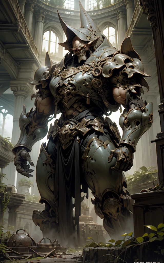 high fantasy aesthetics, highest quality, a dark and moody fantasy illustration of a goliath iron Golem on a palace hidden beneath the rubble of an abandoned city with secret passages and hidden rooms, featuring crumbling ruins and overgrown streets, intricate details, highly detailed, 4k, 8k, earth giant, shining eyes, colorful body, Stromatoporoidea