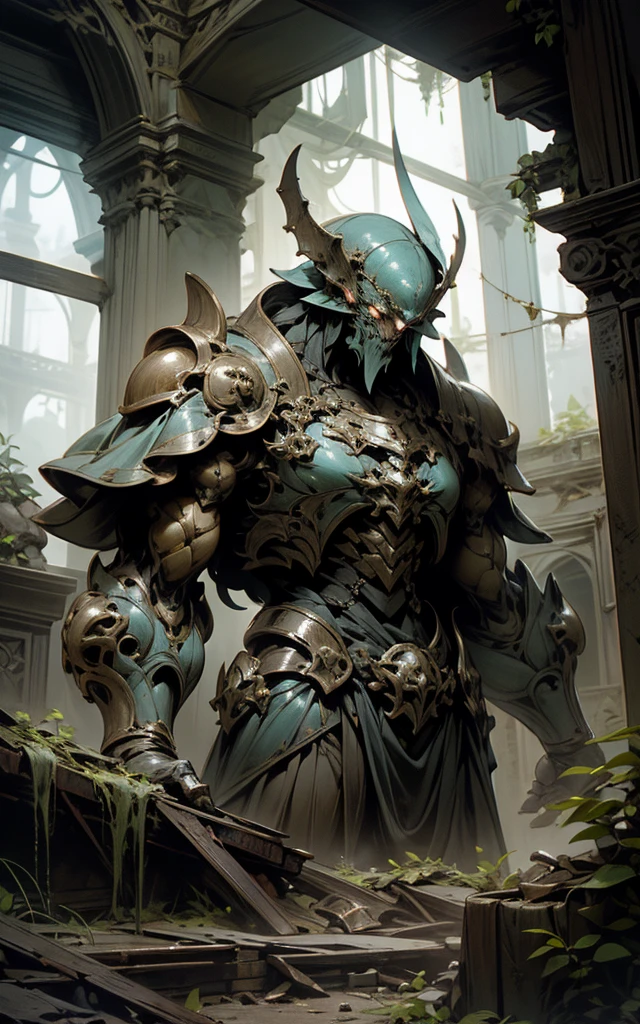 high fantasy aesthetics, highest quality, a dark and moody fantasy illustration of a goliath iron Golem on a palace hidden beneath the rubble of an abandoned city with secret passages and hidden rooms, featuring crumbling ruins and overgrown streets, intricate details, highly detailed, 4k, 8k, earth giant, shining eyes, colorful body, Stromatoporoidea